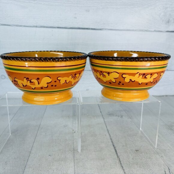 Celebrating Home TUSCAN Orange Yellow Stoneware Footed Soup Cereal Bowls Set 2 - Picture 6 of 16